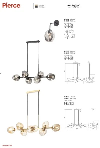 Redo 01-2619 - Csillár zsinóron PIERCE 6xE27/42W/230V arany/füstös