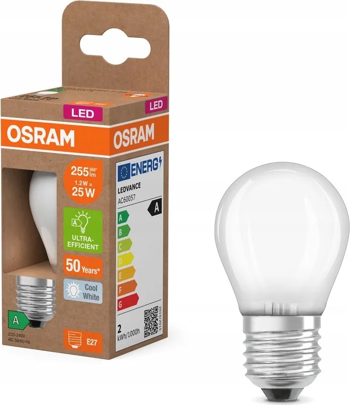 Led izzó P45 E27 1,2W 25W 255lm 4000K Filament 213lm/W A osztály Osram