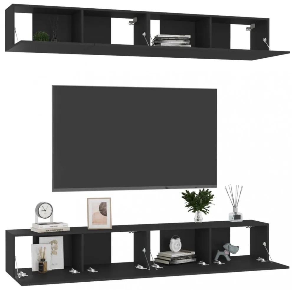 4 db fekete szerelt fa TV-szekrény 100 x 30 x 30 cm