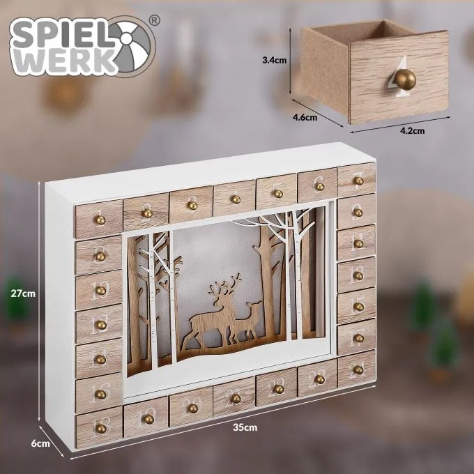 Téli erdő fa adventi naptár világítással, 35x6x27cm, fehér/barna Spielwerk
