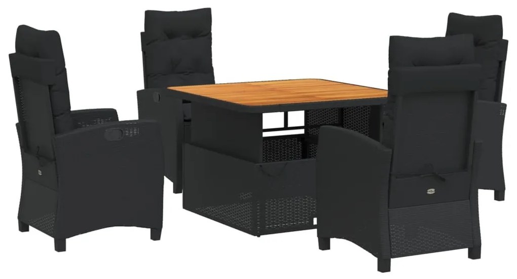 5 részes fekete polyrattan kerti étkezőgarnitúra párnákkal