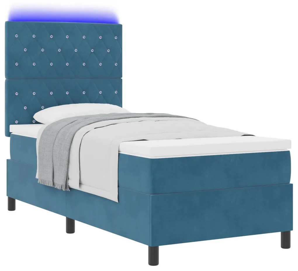Boxspring Ágy Matraccal & LED Sötétkék 90x200 cm Bársony