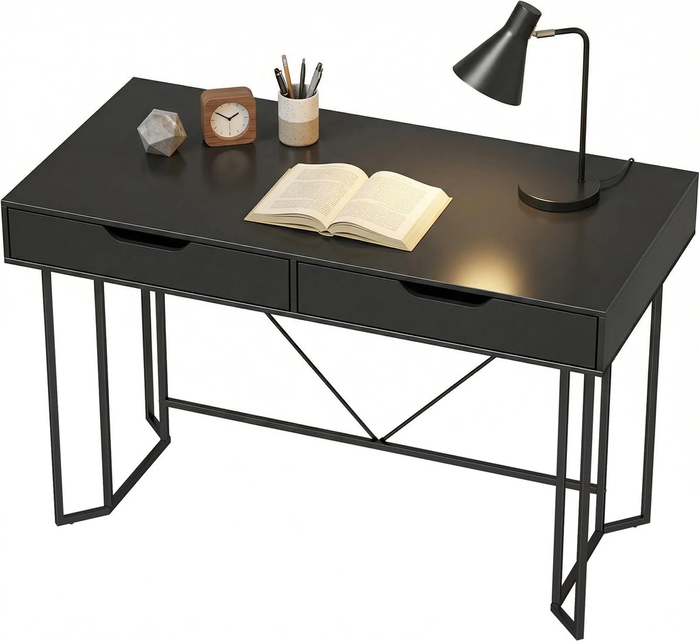 HOMCOM számítógépasztal 2 fiókkal, modern fémváz otthoni irodába — 120 x 60 x 77 cm, fekete | Aosom