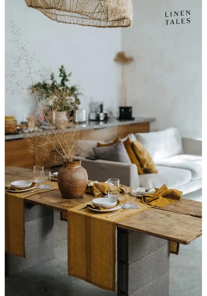 Len asztali futó 200x200 cm Amber Bronze Stripes – Linen Tales