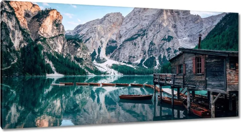 Vászonkép 115x55 Hegyi tó és házikó