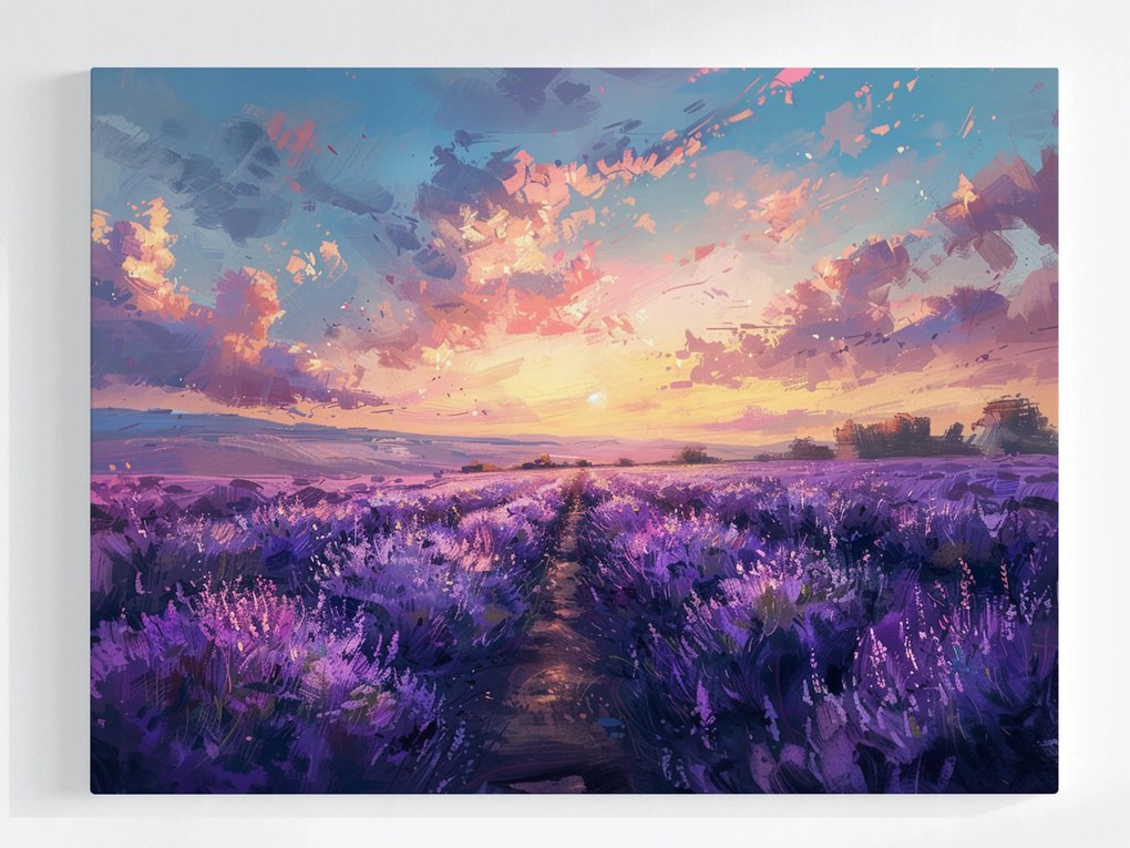 Vászonkép Canvas Tájkép Mező Levendula Virágok Napnyugta 100x75