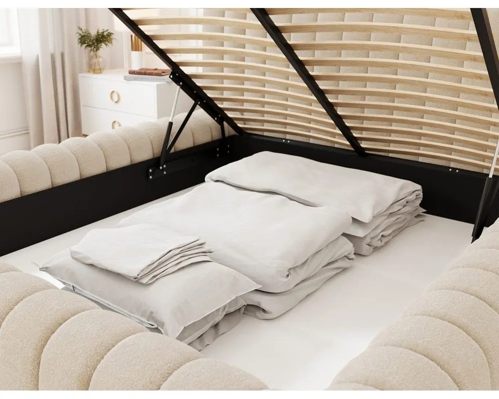 Bézs kárpitozott ágyneműtartós franciaágy ágyráccsal 180x200 cm Carilla – ELTAP