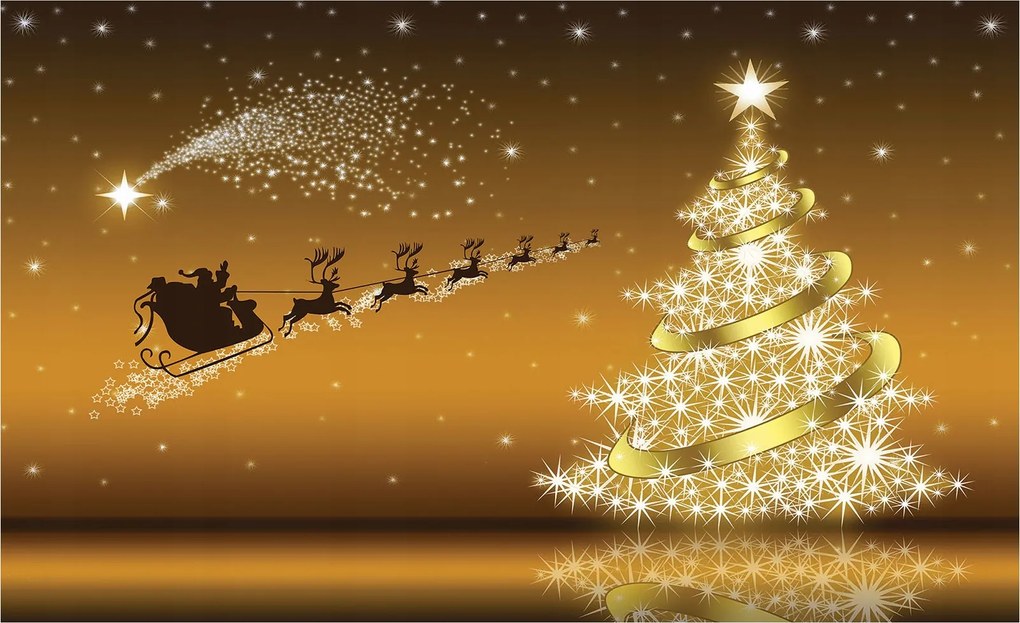 Flizelin fotótapéta Mikulás rénszarvas csillagok arany 254x184 +ragasztó