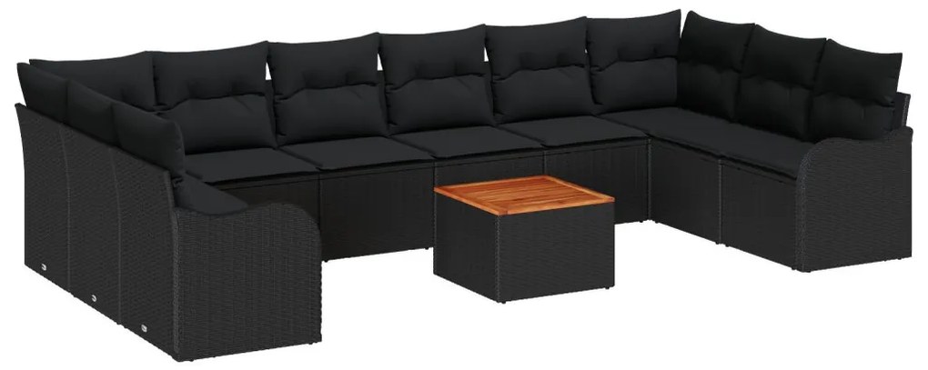 10 Darabos Kert Kanapé Szett Párnákkal Fekete Műrattan Akácia, 2-Fős Kert Kanapé Párnákkal Fekete Műrattan