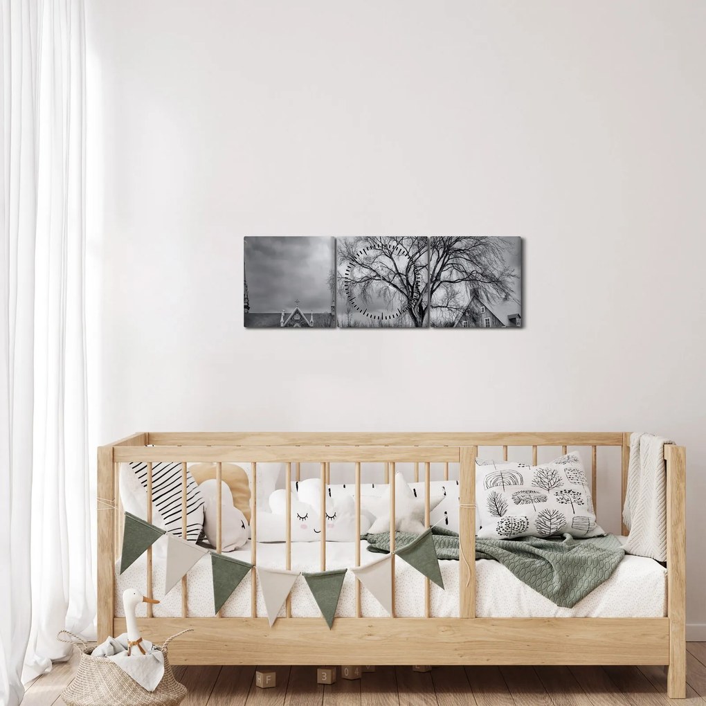Fekete fehér falu képe (órával) (90x30 cm)