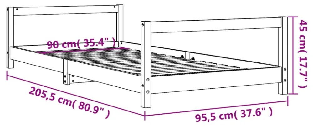 fekete tömör fenyőfa gyerekágykeret 90 x 200 cm