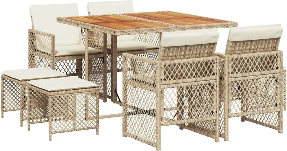 vidaXL 9 részes bézs polyrattan kerti étkezőgarnitúra párnákkal
