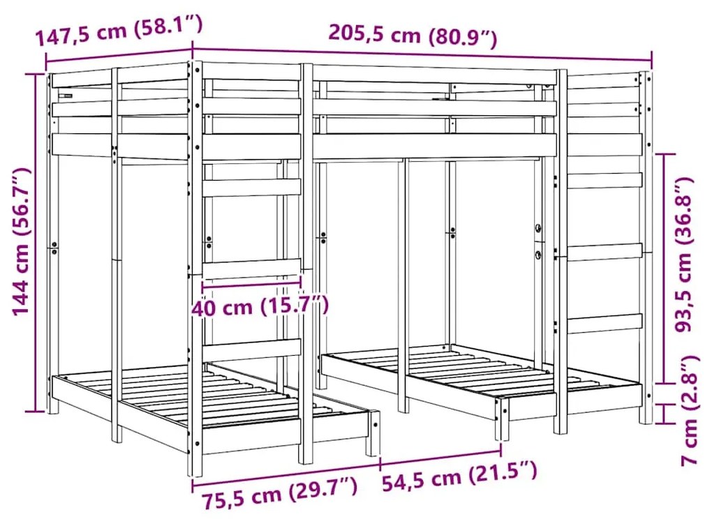 vidaXL Háromszintes emeletes ágykeret Fehér 140 x 200 cm Tömör fenyőfa