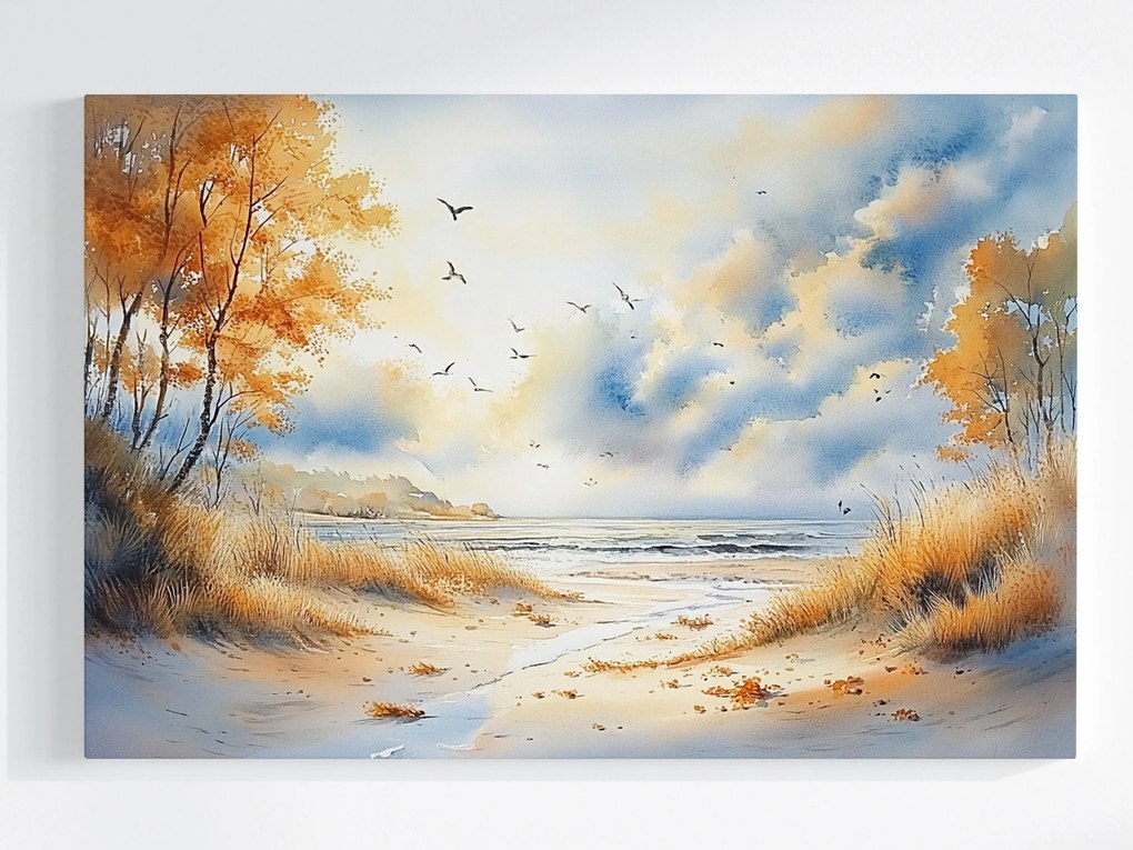 Vászonkép Canvas Tájkép Tenger Tengerpart Hullámok Dűnék Sirályok Ősz 120x80
