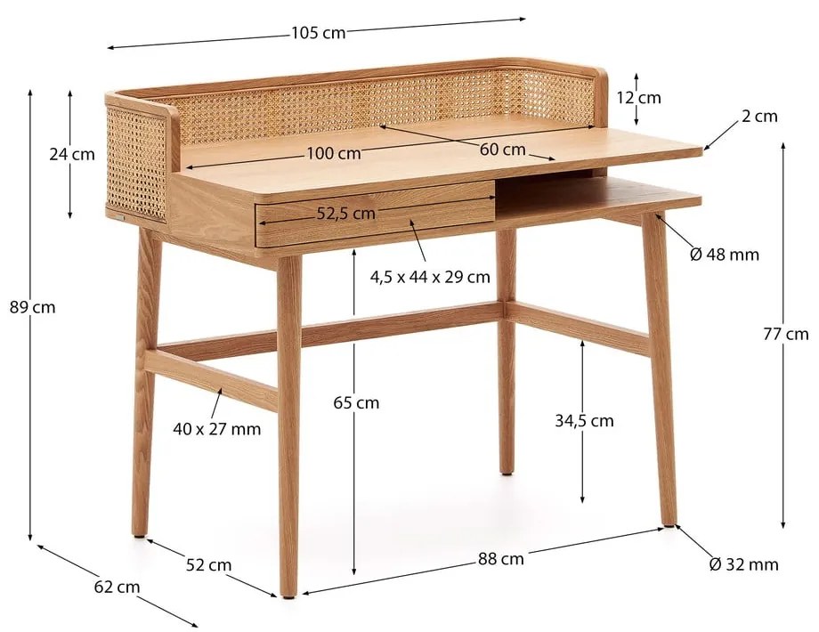 Íróasztal kőrisfa dekorral 62x105 cm Araxi – Kave Home