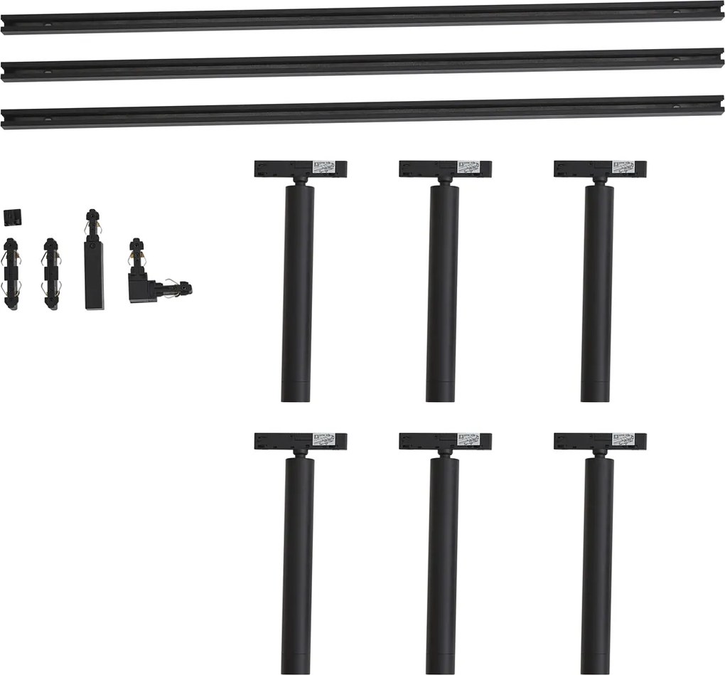 Modern fekete sínrendszer 6 fekete spotlámpával, 1 fázisú - Slimline Avery