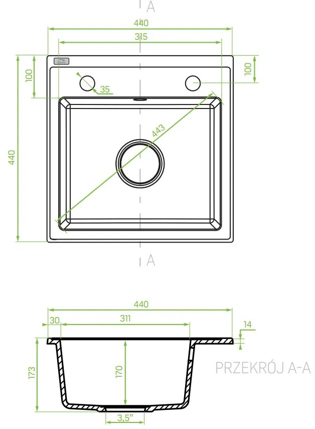 Laveo Trzynastka, 1 kamrás gránit mosogató 440x440x173 mm, fekete foltos, LAV-SBP_710T