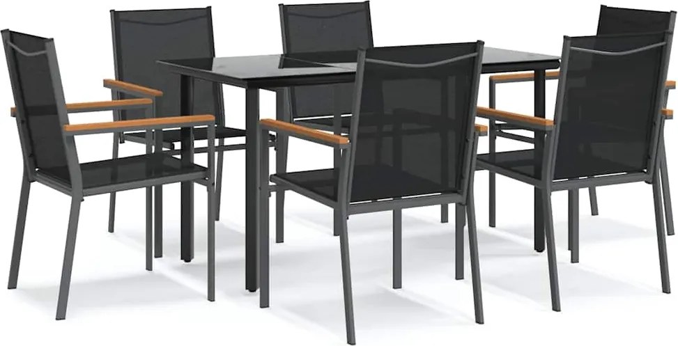 vidaXL 7 részes fekete textilén és acél kerti pihenőgarnitúra