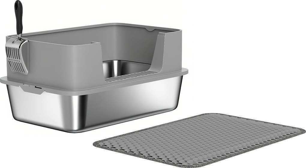 PawHut rozsdamentes acél nyitott macskaalomtálca lapáttal, magas peremmel és szőnyeggel, XXL — macskák számára akár 7 kg-ig (60,2 x 40,2 x 29,5 cm), s