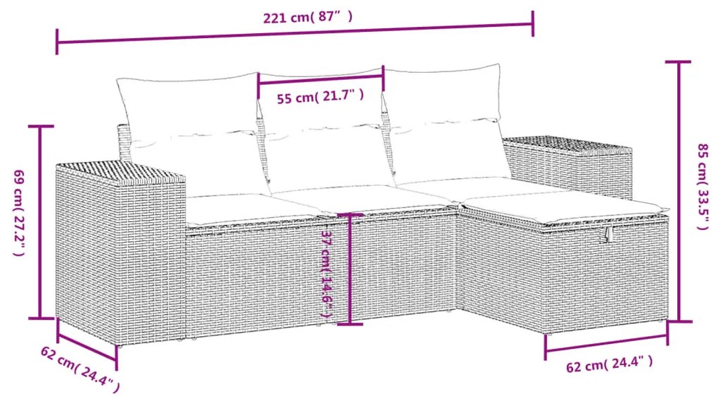 4 részes bézs polyrattan kerti ülőgarnitúra párnákkal