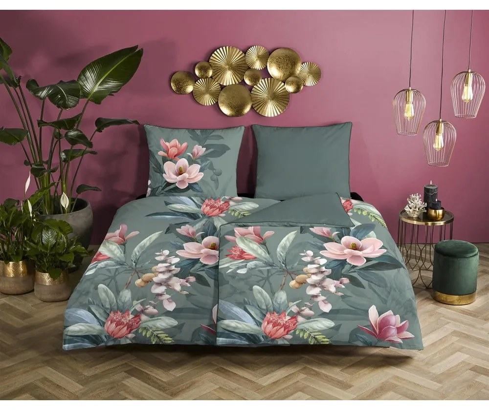 Rose zöld organikus pamut egyszemélyes ágyneműhuzat, 140 x 220 cm - Descanso