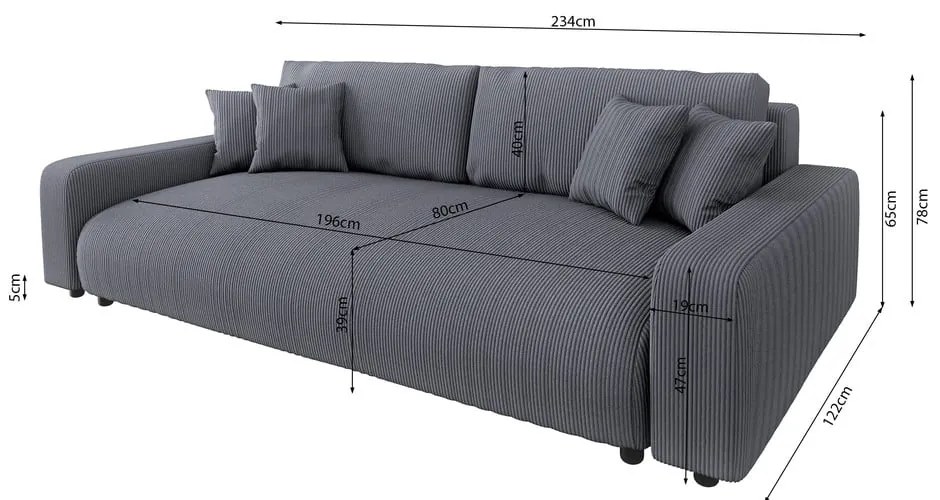 Sötétszürke kordbársony kinyitható tárolóhelyes kanapé 234 cm Sara – Ropez