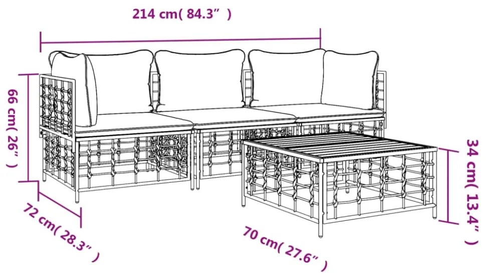 4 részes antracitszürke polyrattan kerti ülőgarnitúra párnákkal