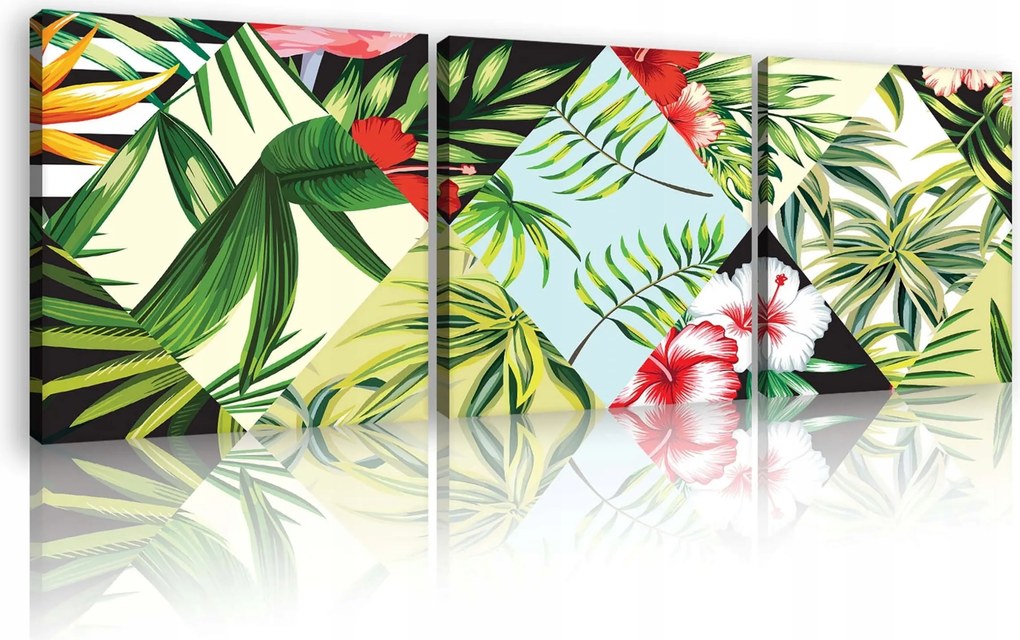 Vászonkép 75x25 Trópusok egzotikus levelek virágok hibiszkusz pálma nyár színek