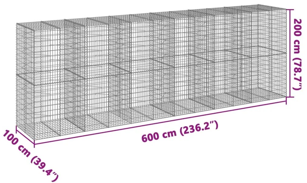 horganyzott vas gabion kosár fedéllel 600 x 100 x 200 cm