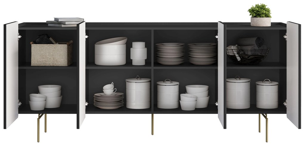 Malmi négyajtós komód 200 cm - matt fekete / arany lábak