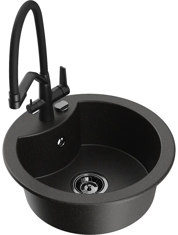 Mexen Diego egymedencés gránit mosogató Duo konyhai csappal, fekete/arany metál - 6512-75-671701-70-B