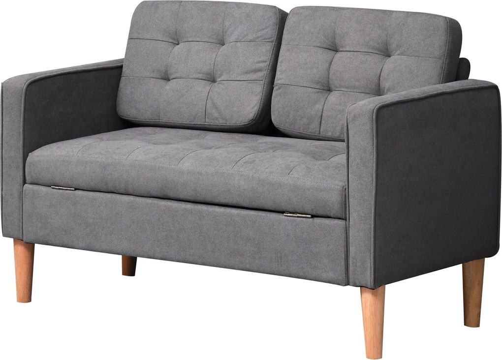 HOMCOM 2 Személyes Kanapé, Tárolós Kanapé, Fa Lábakkal, Párnázott Szövet Hatású Kanapé Nappaliba, Hálószobába, 117 x 62 x 78 cm, Szürke | Aosom