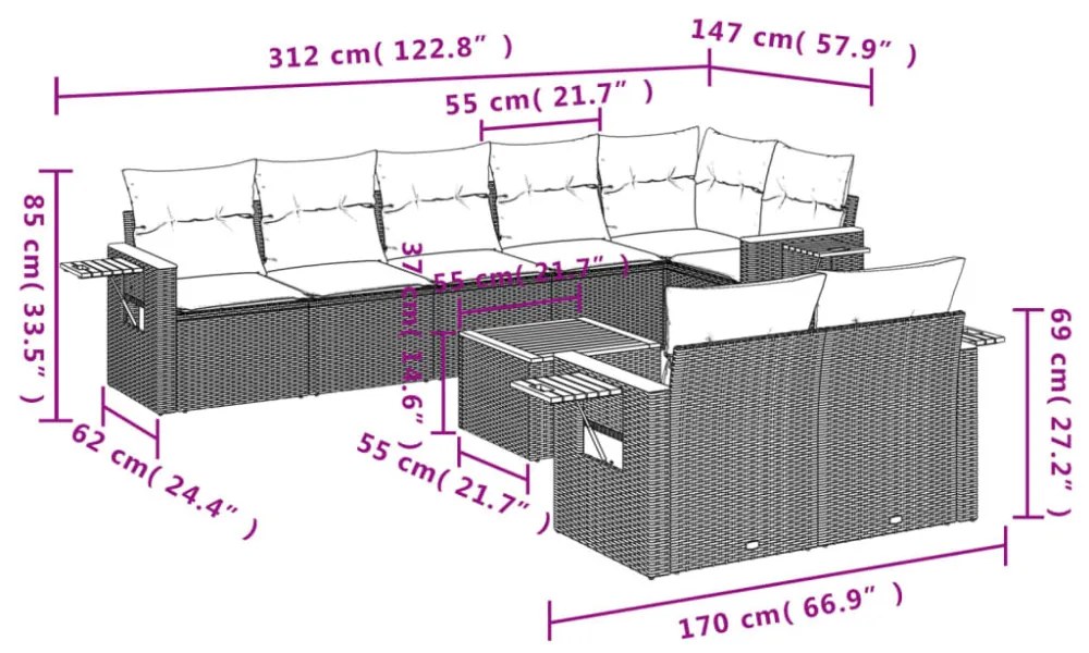 9-részes szürke polyrattan kerti ülőgarnitúra párnákkal
