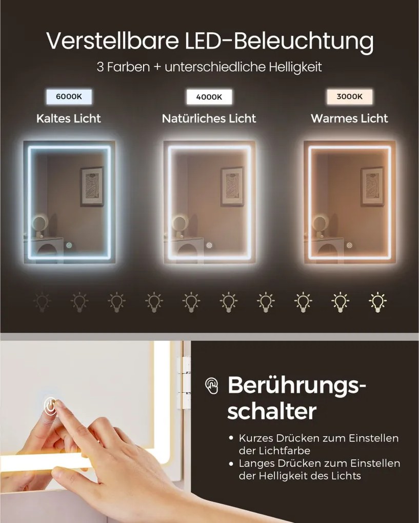 Fésülködőasztal LED-es tükörrel, modern stílus, felhőfehér