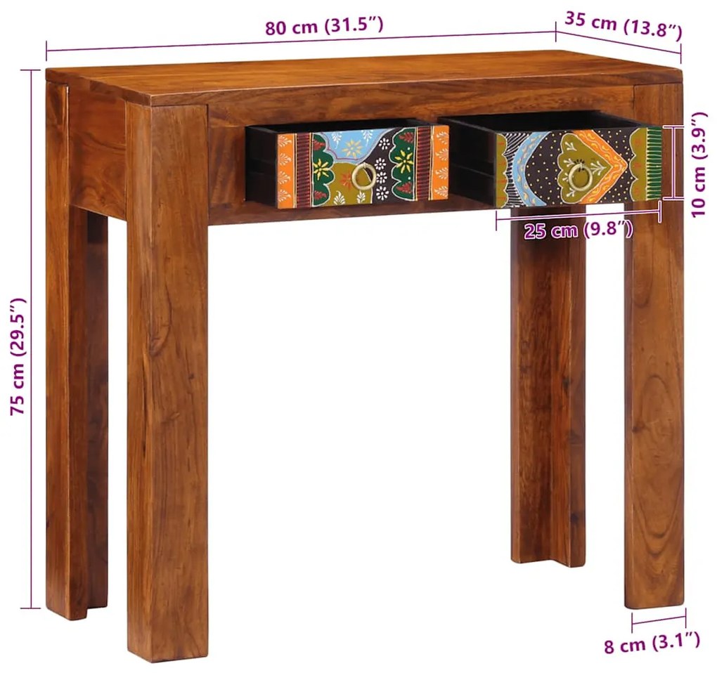 konzolasztal 80x35x75 cm tömör fa akácfa