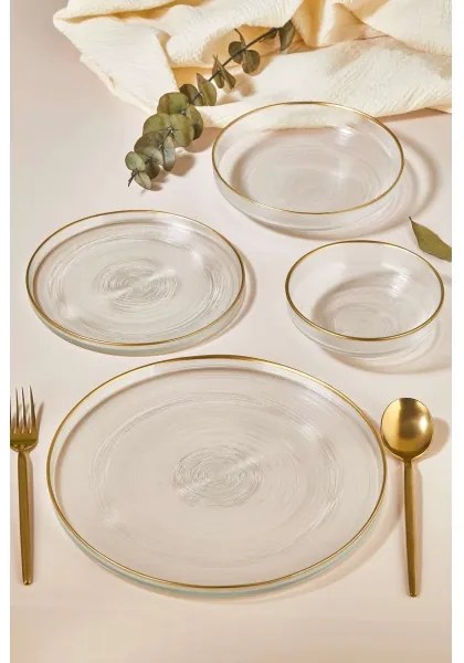 24 részes üveg étkészlet — átlátszó, arany díszítéssel