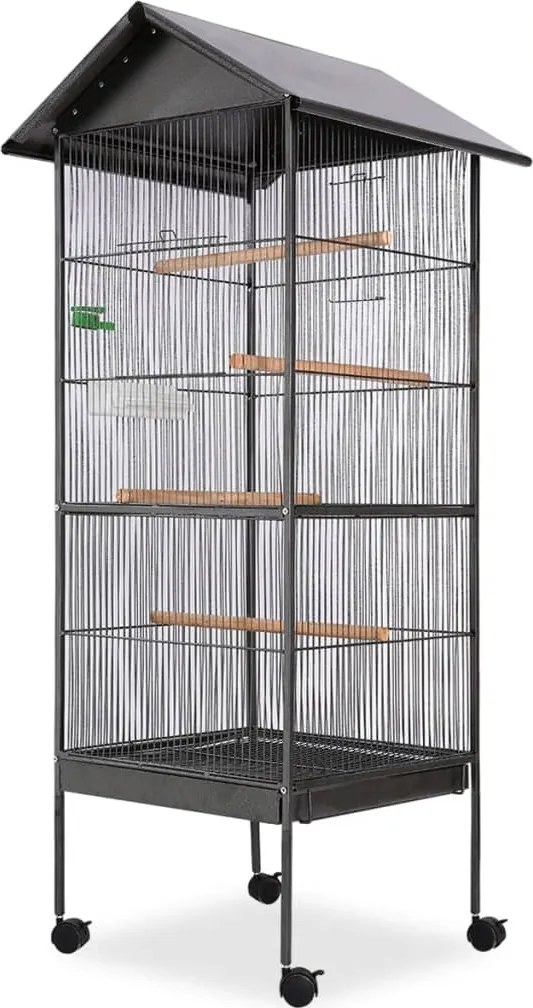 vidaXL fekete acél madárkalitka tetővel 66 x 66 x 155 cm