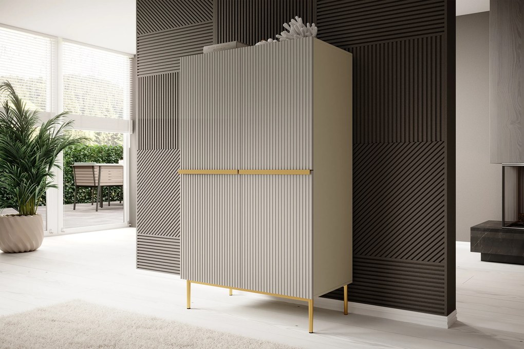 Nicole magas komód 100 cm, kétszárnyú, bordázott előlap - kasmír / arany lábak