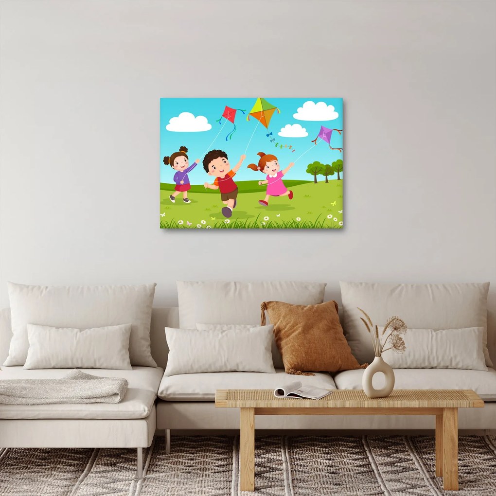 Kép - Sárkányrepülőt éngedő gyermekek (70x50 cm)