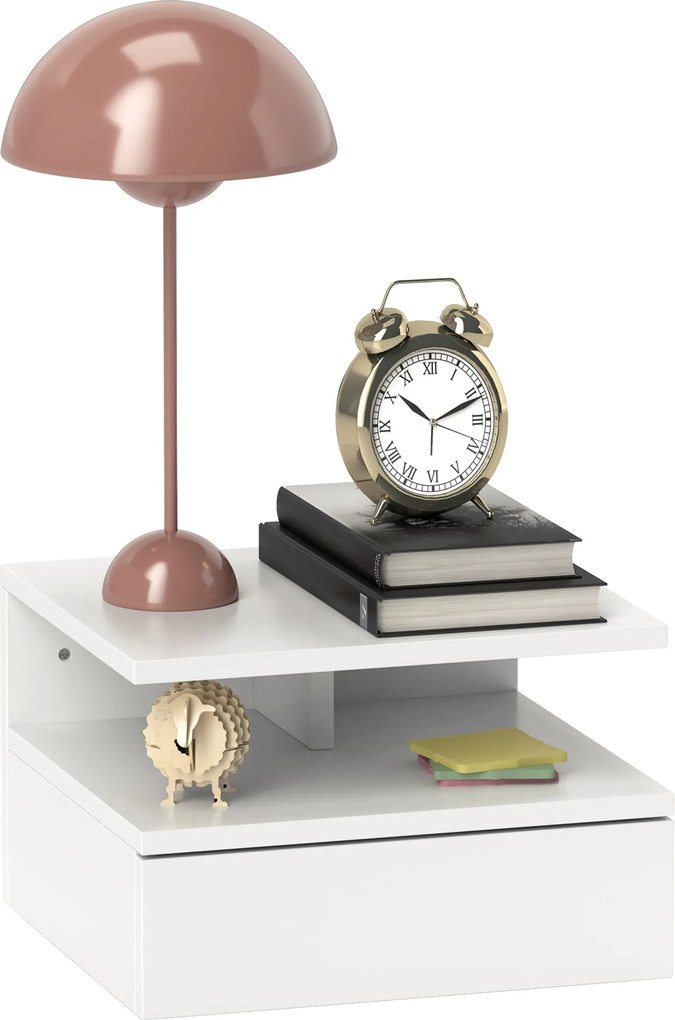 HOMCOM Fali Ágy Melletti Asztal, Modern Hálószoba Éjjeli Szekrény, Fiókkal és Felső Polccal, Fa, 35x32x22.5cm, Fehér | Aosom