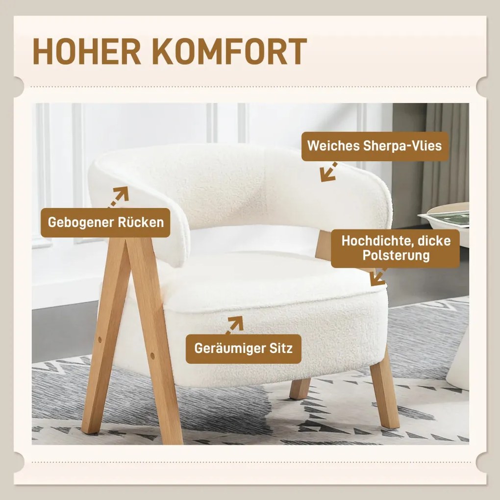 HOMCOM Modern kárpitozott fotel, polár huzat, kiegészítő fotel, fotel fa lábakkal, fém váz, fehér