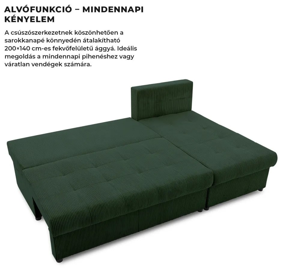 Venezia sarokkanapé, kordbársony, univerzális oldal, hab töltet, zöld