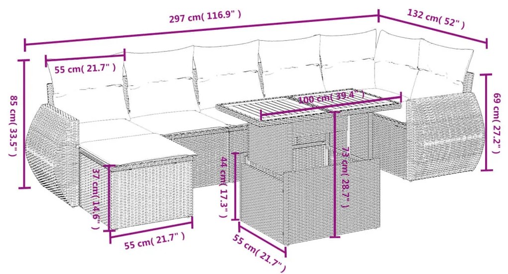 8 részes fekete polyrattan kerti ülőgarnitúra párnákkal