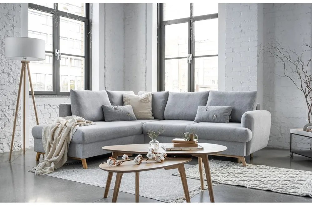 Világosszürke kinyitható-tárolóhelyes sarokkanapé (bal oldali-L alakú) Scandic Lagom – Miuform