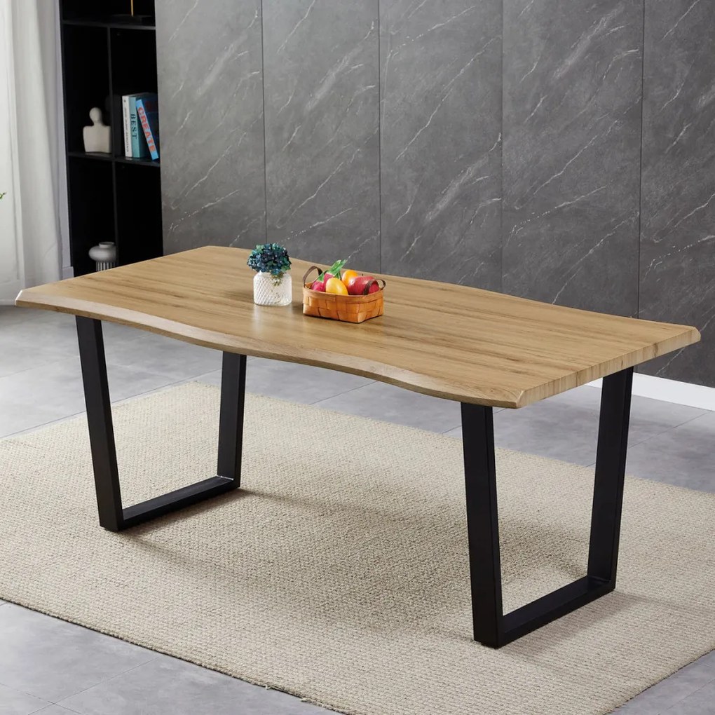 Masă de sufragerie, 180x90x75 cm, blat MDF, decor stejar salbatic, picioare metalice in forma de U