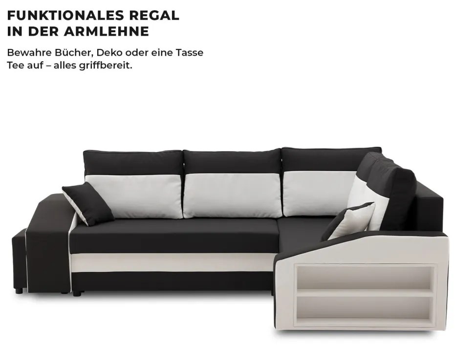 Grande sarokkanapé polcokkal és puffokkal , polc a jobb karfaban puffok a bal karfaban, jobboldali, szövet anyag, hab töltet, fekete - fehér