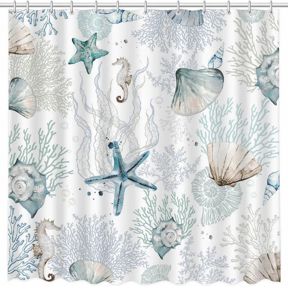 Óceáni motívumos zuhanyfüggöny 12 akasztóval 183x183 cm