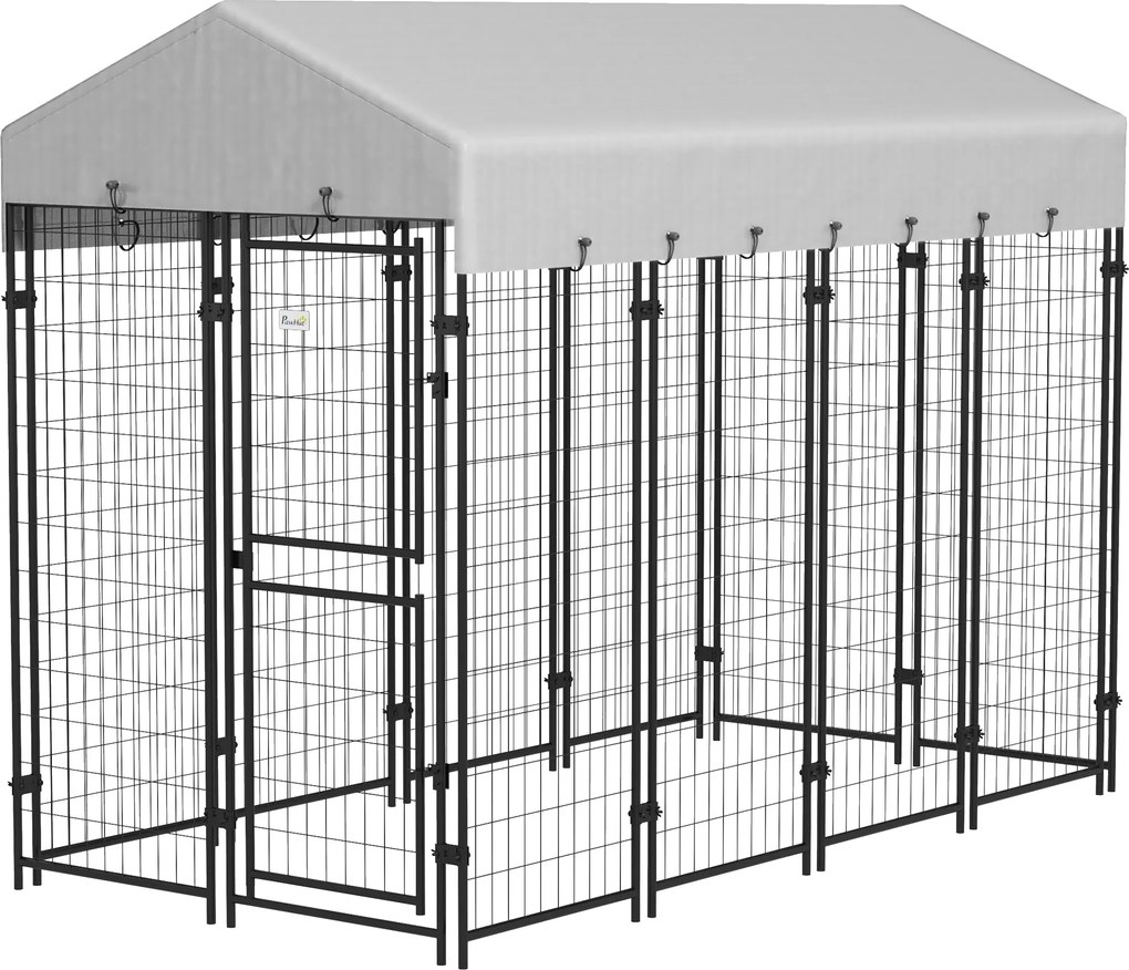 PawHut Kültéri Kutya Kennel, Nagy Fém Kutya Ketrec Anti-UV Vízálló Tetővel és Kétrekeszes Ajtóval, 239x121x183cm, Ezüst | Aosom