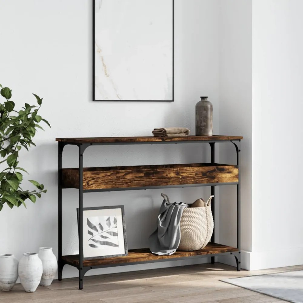 füstös tölgy színű szerelt fa tálalóasztal polccal 100x29x75 cm