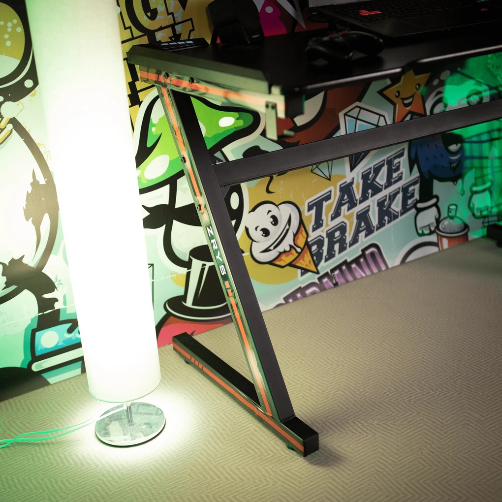 Gamer asztal/számítógépasztal, RGB LED világítással, fekete/piros, MACKENZIE 100cm
